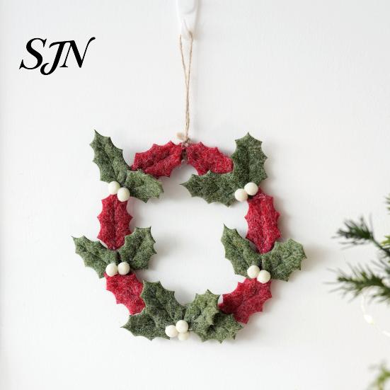 Festival Scene Ornament 8 Inch Felt Christmas Holly Wreath, Handmade Berry Hanging for Window Wreath Front Door, Winter Holiday Wall Decor Nordic
