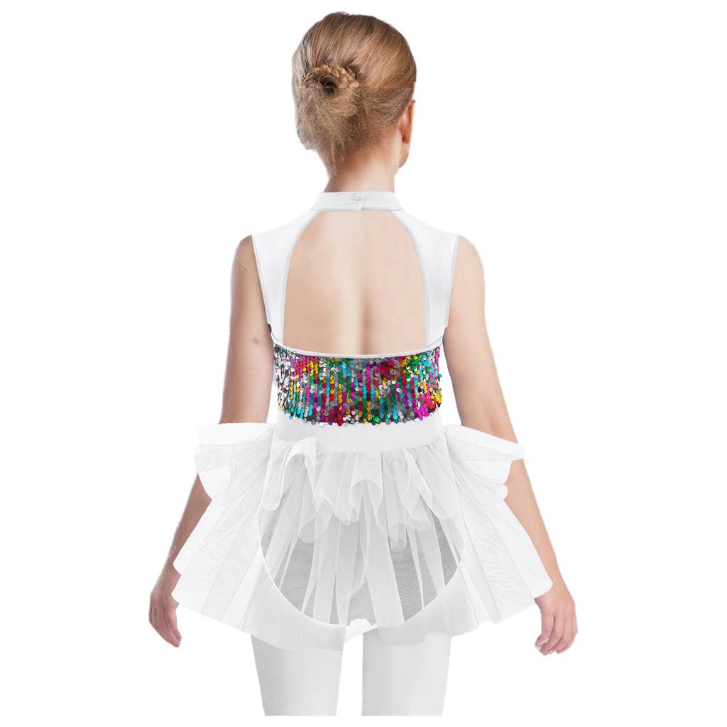 Girls Latin Dance Dress Sleeveless Cutout Back Tassels Shiny Sequins Color Block Performance Costume