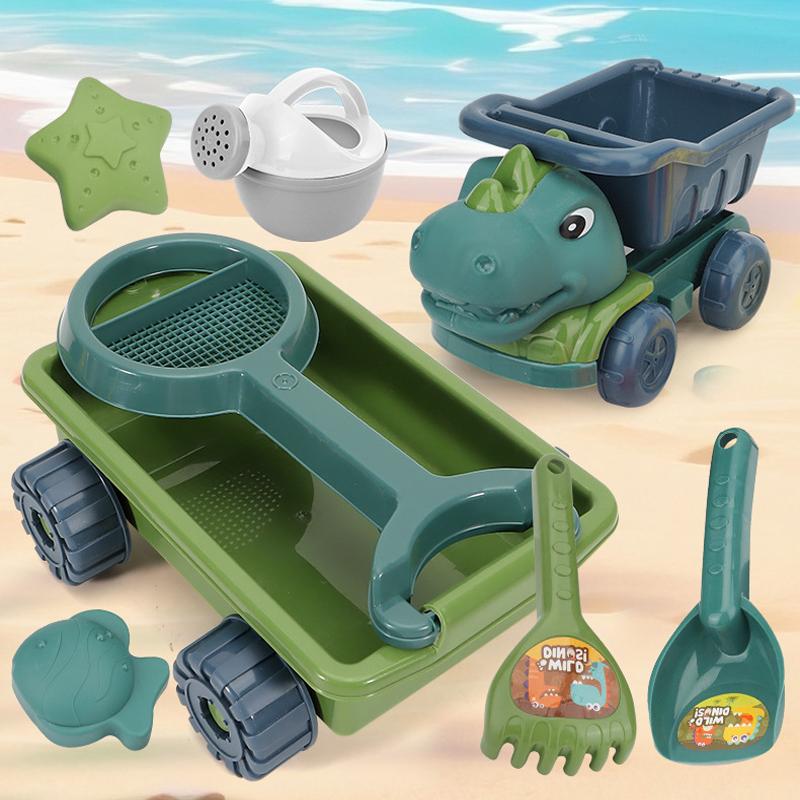 Пляжные игрушки динозавров Набор для песочницы Игрушки для копания песка на открытом воздухе Самосвал-динозавр с лопаткой, граблями, лейкой и формочками для песка