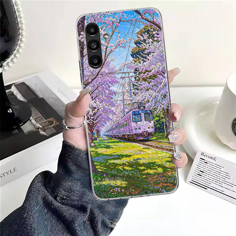 Ретро чехол для телефона с изображением японской сакуры и поезда для Samsung Galaxy A13 A14 A15 A16 A17 A53 A54 A55 A56 A57 A33 A34 A35 A36 A37 A23 A24 A2