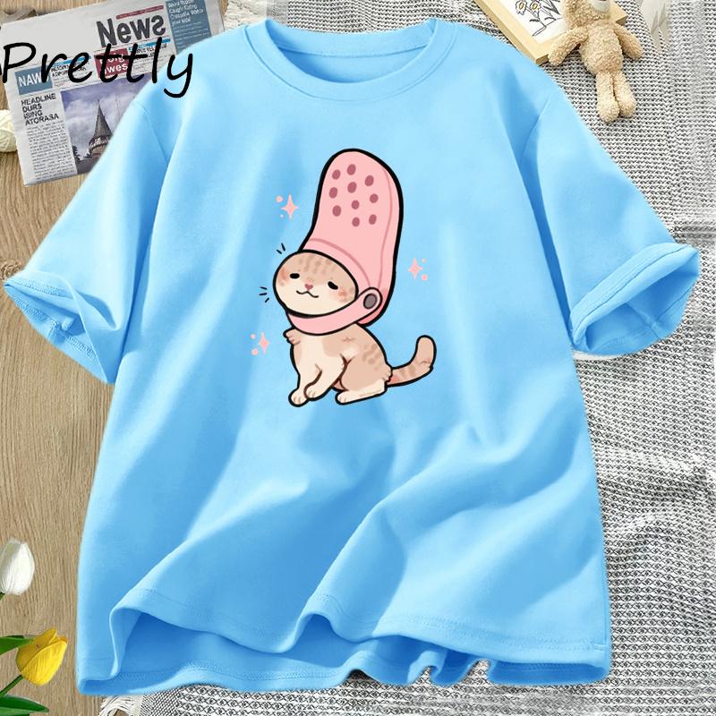 Jibbitz Cat Funny Graphic T Shirts Cute Cat Tshirt Unisex Casual Short Sleeve Round Neck Tee Unisex Cotton T Shirt Woman Clothing