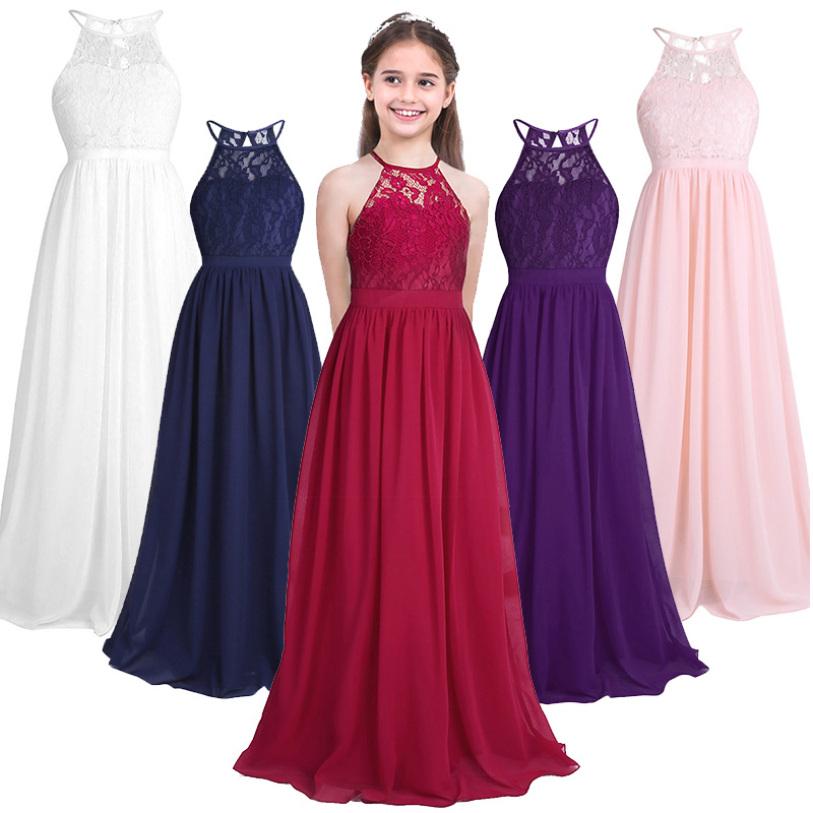 Платья с цветочным узором для девочек Кружевное шифоновое свадебное вечернее платье подружки невесты с высокой талией Вечерние платья макси