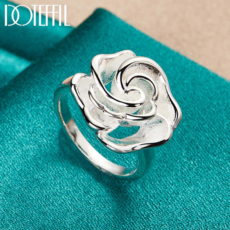 DOTEFFIL 925 Silver Rose Flower Blossoms Ring For Woman Fashion Wedding Engagement Party Gift Charm Jewelry