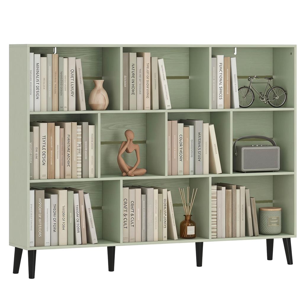 10-Cube Bookcase, 3-Tier Book Shelf with Solid Wood Legs, 140 cm Modern Bookshelf with Anti-Tip Kit, Light Green