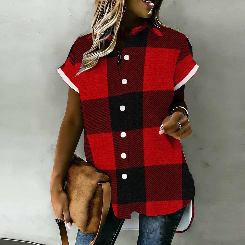 Women Plus Size Brown Blue Plaid Printed Collared Neck Short Sleeve Button Front High Low Curved Hem Shirt