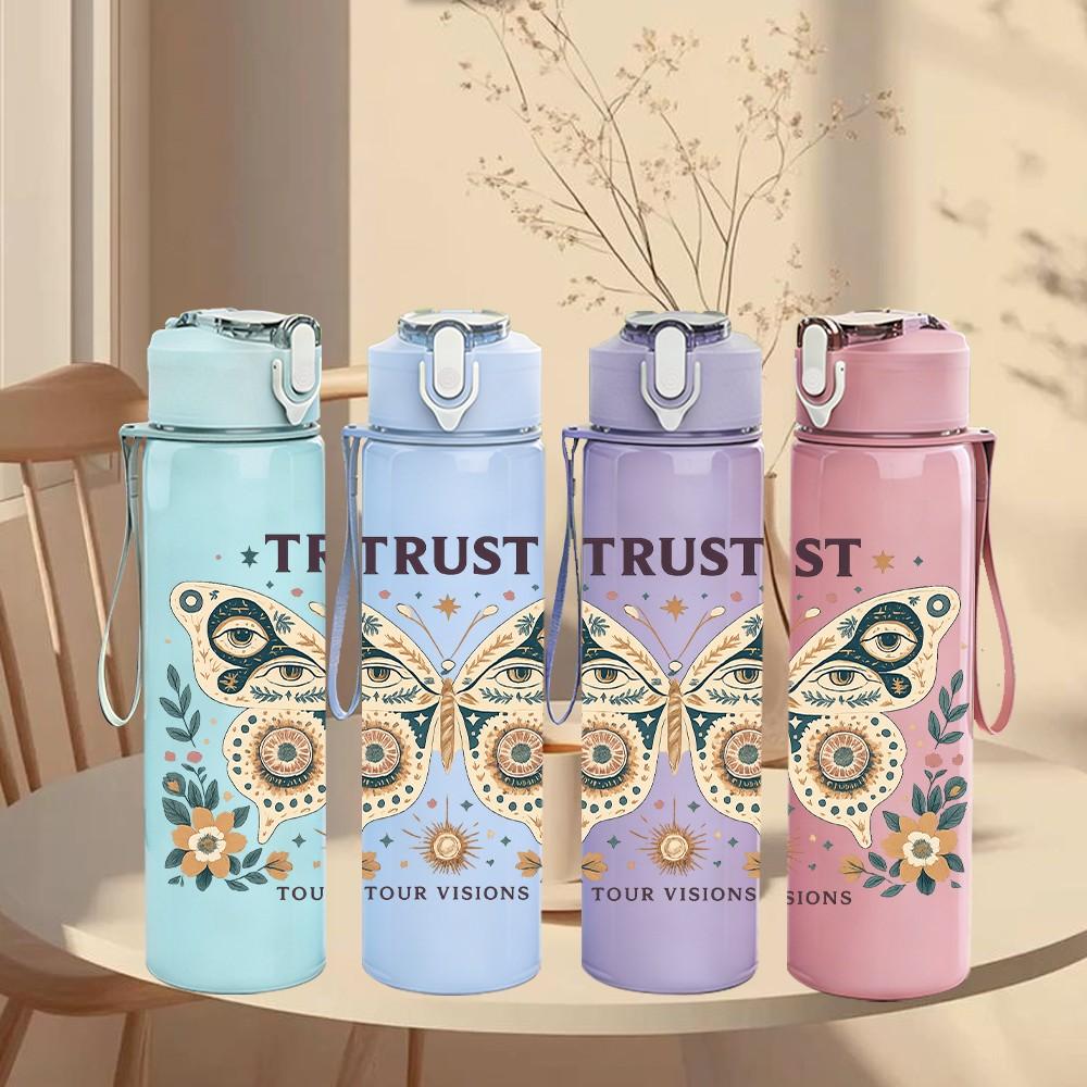 1PC Trust Butterfly Vintage Art Print 750ml Color Plastic Sports Water Bottle Leakproof Flip Straw Lid Suitable for Sports Office Home Use