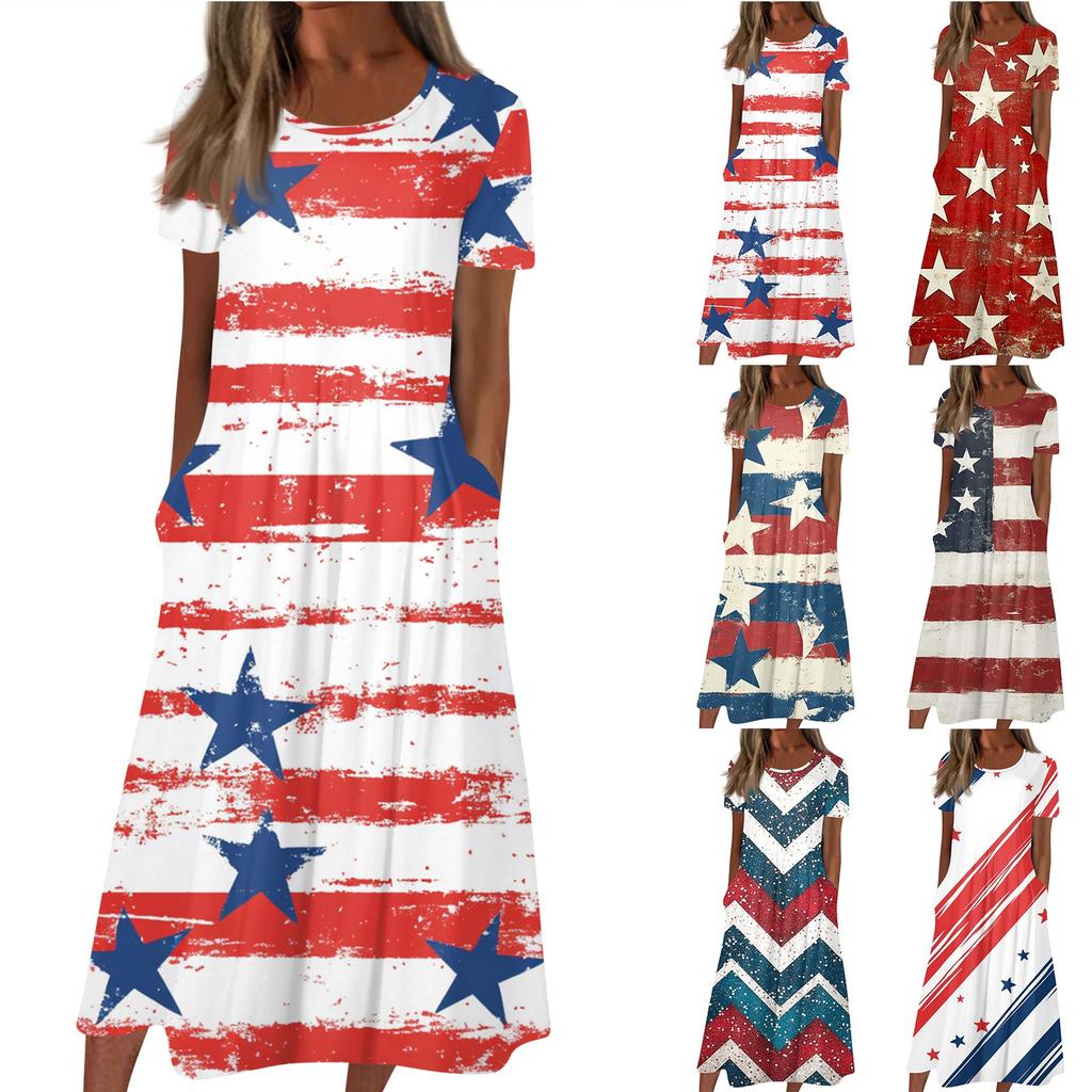 Женское летнее повседневное модное платье с коротким рукавом и карманом на День независимости с коротким рукавом