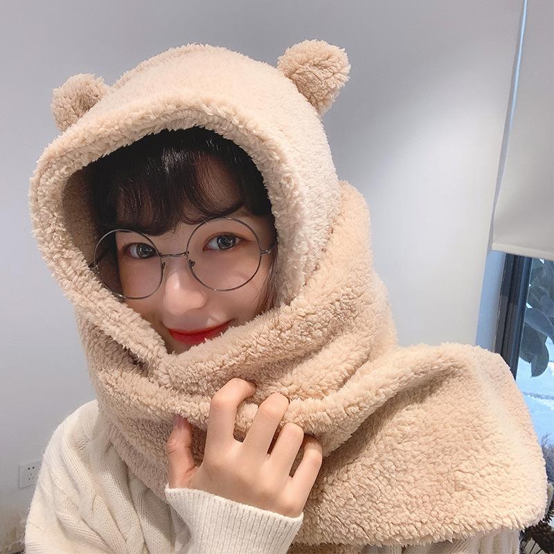 Women Autumn Winter Bear Hat Scarf Gloves Integrated Set Thick Plush Warm Cute Cold Resistant Daily Outdoor Thermal Accessories
