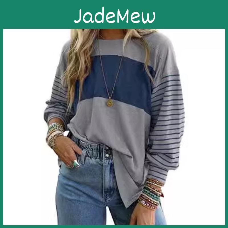 Round Womens Blouse Neck Striped Patchwork Split Long Sleeve Casual Top