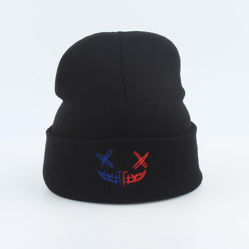 Шапка-бини с грустным лицом и вышивкой, женская осенне-зимняя вязаная шапка Skullies, теплая лыжная кепка в стиле хип-хоп, повседневная однотонная уличная шапка