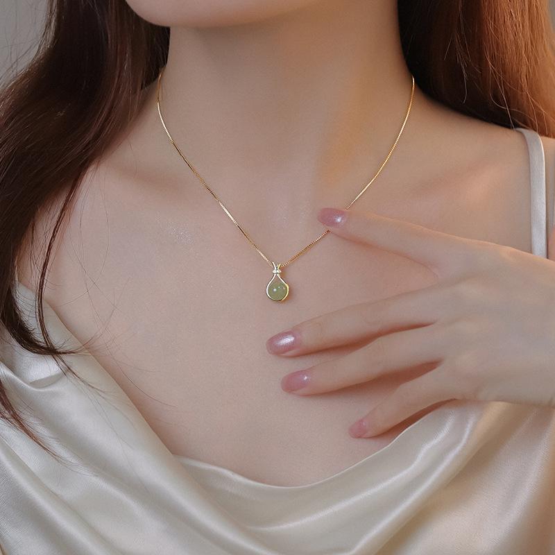 Hetian Jade Titanium Steel Necklace - Women's Versatile Pendant Luxury Clavicle Chain Choker.