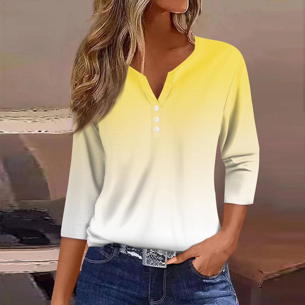 Жен. Футболка Футболка С принтом Пуговицы Рукав 3/4 Повседневные Выходные Мода Классический Классический V-образный вырез Обычный Верх