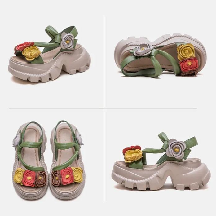 Johnature Retro Flower Peep Toe Platform Sandals Breathable Genuine Leather Versatile Women's Shoes