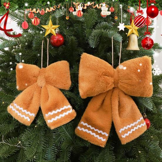 Indoor Holiday Party Supplies Plush Gingerbread Christmas Tree Bow, Soft Furry Bow Hanging Ornament for Xmas Tree, Wreath, Door, Staircases,
