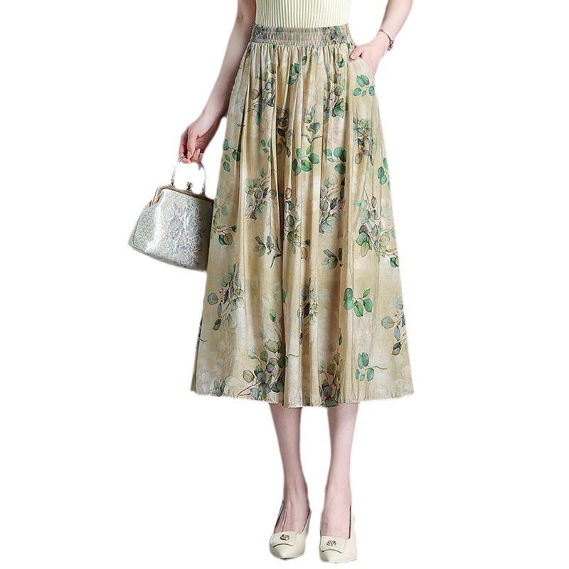 Юбка с высокой талией, женская летняя длинная юбка с принтом слова, женская юбка-драпировка, плиссированная юбка-зонтик средней и длинной длины