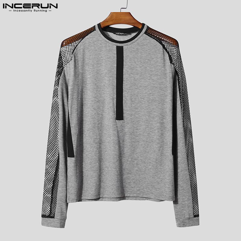 INCERUN Мужские сетчатые футболки с круглым вырезом и длинным рукавом в стиле пэчворк, прозрачные футболки, майки