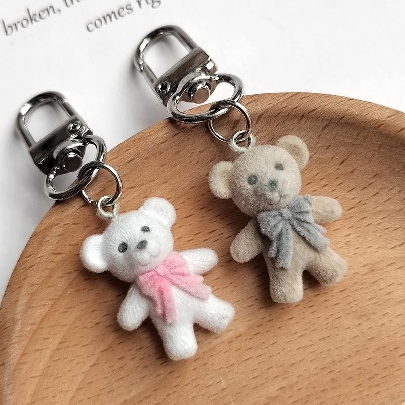 3D флокированный брелок в виде медведя с бантом, милый мультяшный брелок с животным, сумка, кулон, рюкзак, подвесное украшение для пары, подарки