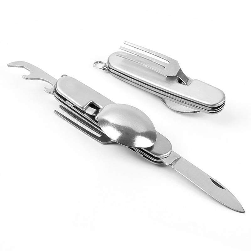 6-in-1 Portable Camping Cutlery Set Stainless Steel Folding Fork Spoon Knife Opener Tableware Hiking Travel Kitchen Utensils