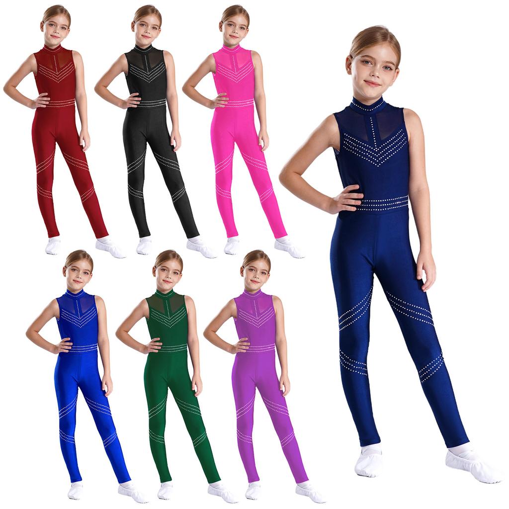Girls Sleeveless Mesh Patchwork Jumpsuit Full Body Shiny Rhinestone Leotard for Figure Skating and Dance