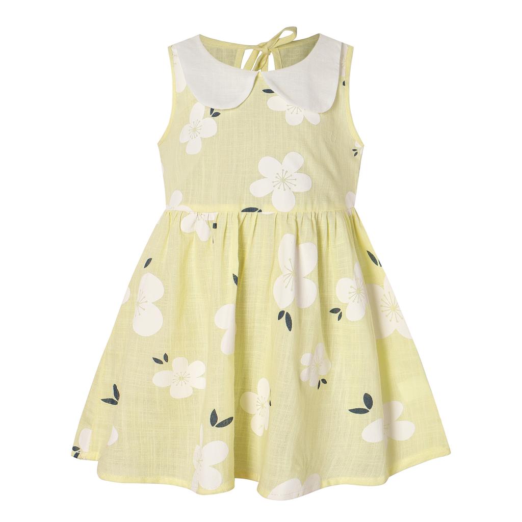 Girls Cotton Linen Sleeveless Dress with Peter Pan Collar Cute Floral Print Princess Vest Dress for Spring Summer
