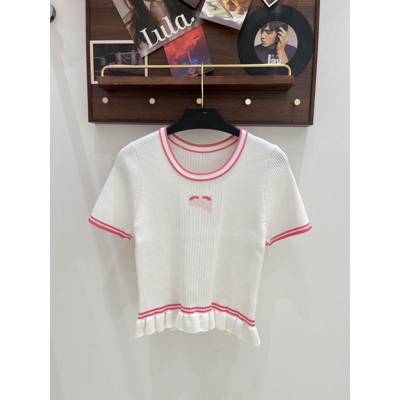 European Style Pink Ruffle Hem Knit Short Sleeve Casual Fashion Top