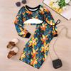 Girls Cartoon 2 Piece Outfits, Long Sleeve Crop Top + Spaghetti Strap Bodycon Dress, Tropical Floral Print Party Dress Set