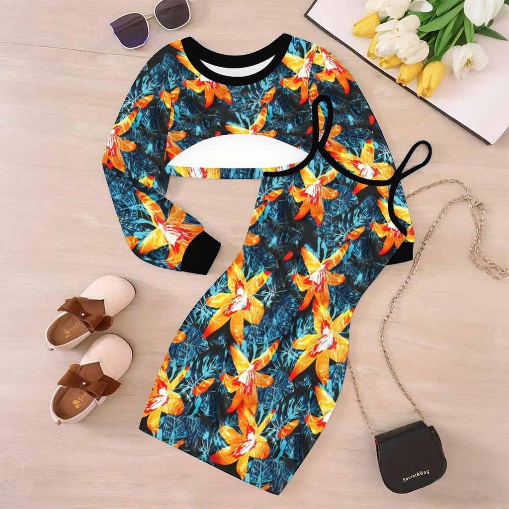 Girls Cartoon 2 Piece Outfits, Long Sleeve Crop Top + Spaghetti Strap Bodycon Dress, Tropical Floral Print Party Dress Set