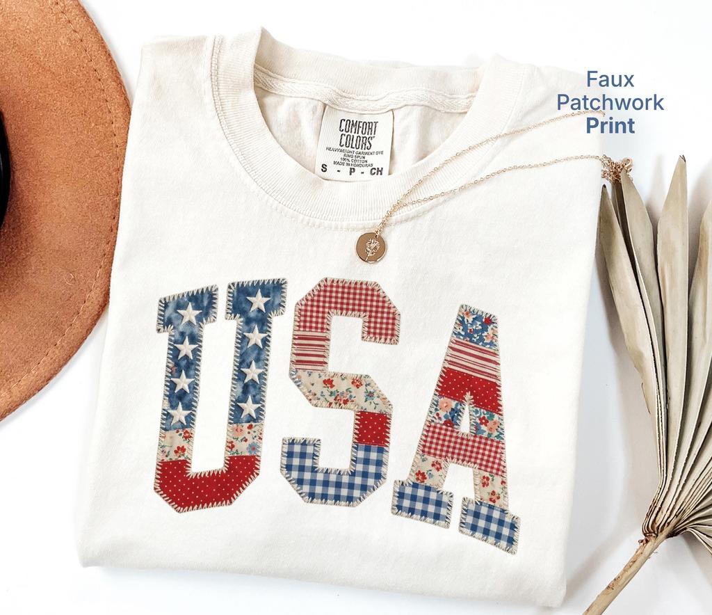 Faux Patchwork USA Shirt Comfort Colors Patriotic Tshirt Tee America Shirt USA Flag T-Shirt Independence Shirt Vintage Clothing July 4th