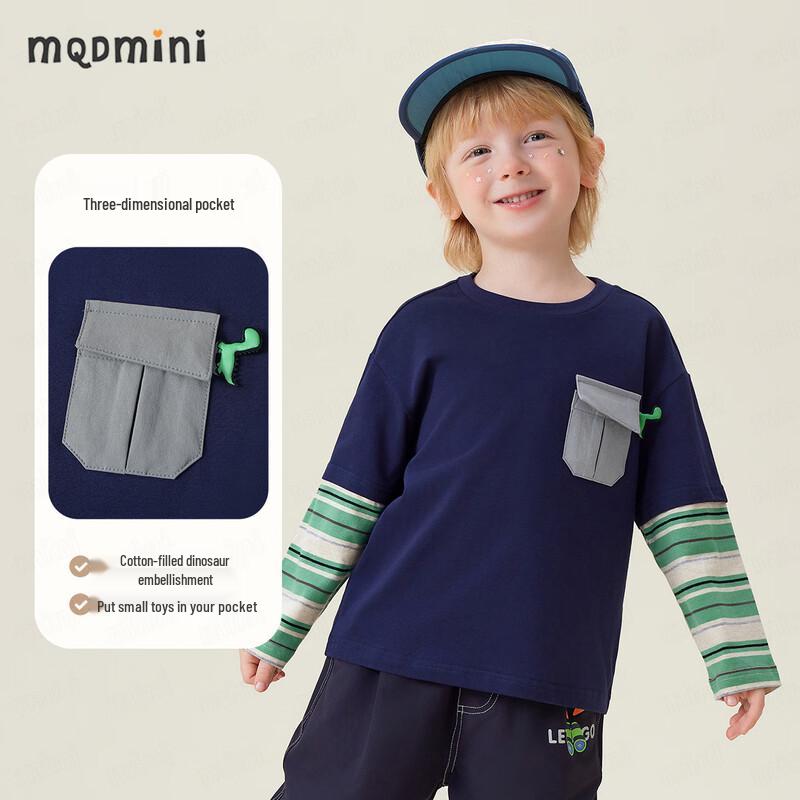 MQDMINI Футболка с длинным рукавом для мальчиков, 3D-динозавр, карман, имитация двух предметов