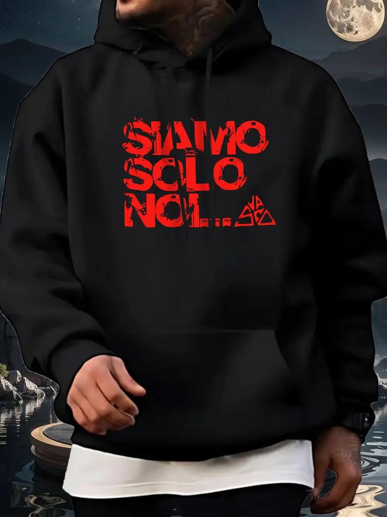 Fleece-Lined Hoodie Sweatshirt with Bold Red "SAMO SOLO NOLI" Graphic Print - Royal Blue Winter Warm Pullover