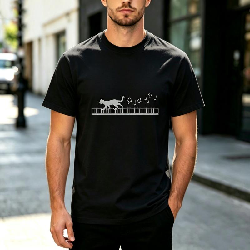 Cat Piano Graphic Crew Neck T Shirt Men Music Note Print Short Sleeve Cotton Tee Casual Streetwear Funny Animal Top Daily Wear