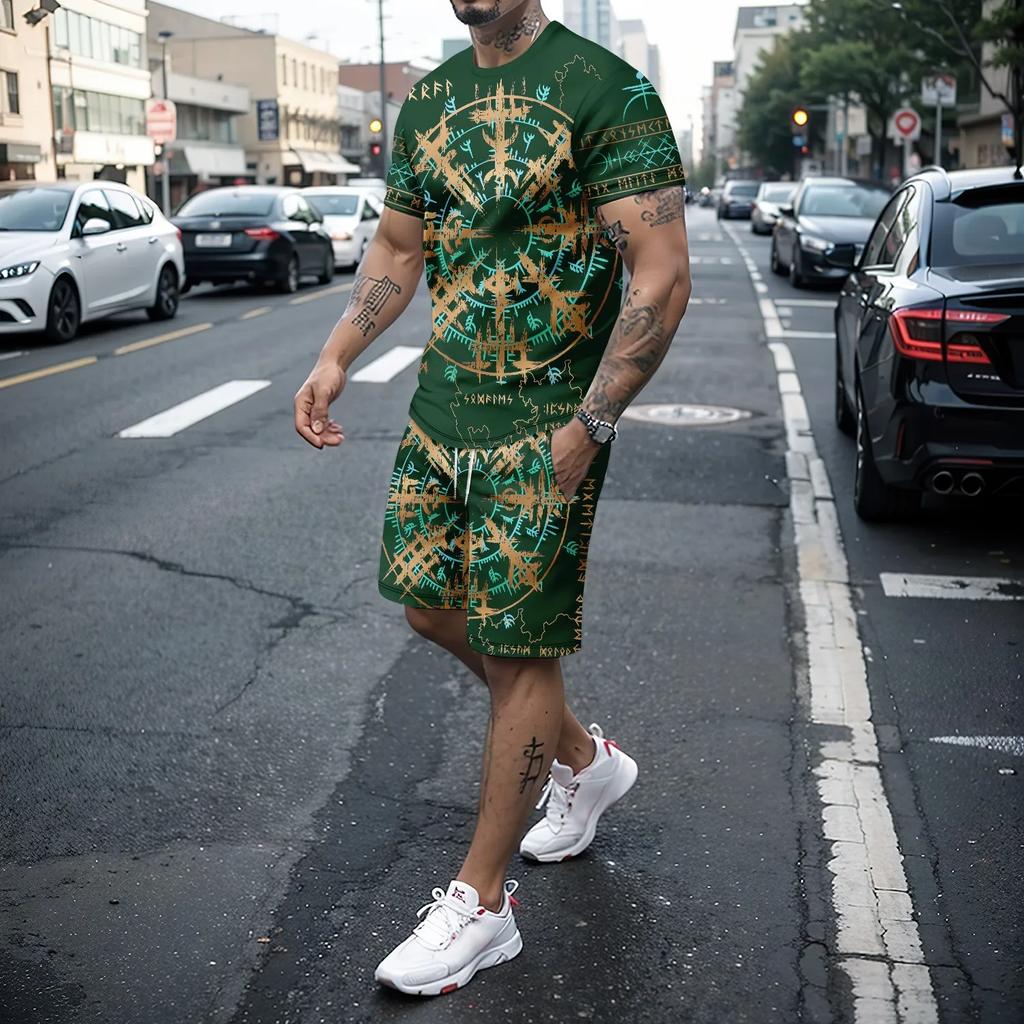 Летний мужской спортивный комплект для отдыха с 3D свободной уличной футболкой с короткими рукавами в стиле ретро + шорты, комплект из 2 предметов для мужчин