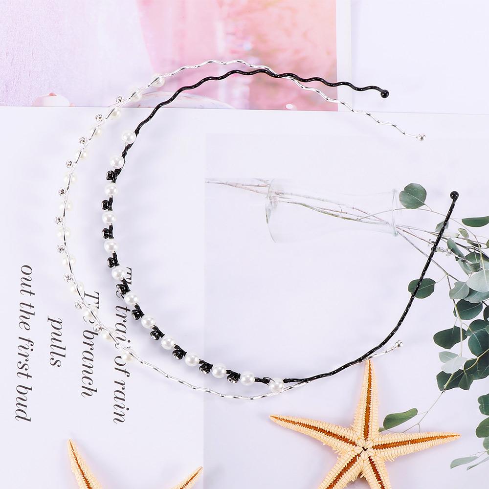 Jewelry Head Chain Rhinestone for Women Headwear Pearl Crystal Wave Hairband Black Silver Metal