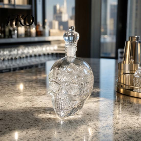 Whiskey Bottle with Stopper Skull Decanter, 500ml Gothic Glass Stopper, Halloween Spirit Dispenser for Home Bar, Creepy Liquor Decanter