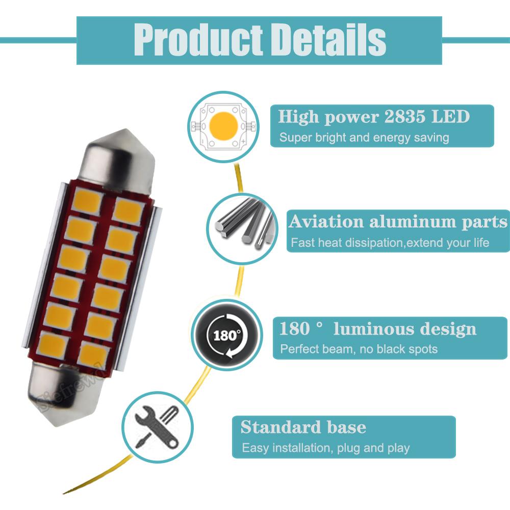2x Car LED CANBUS Bulb Warm White Festoon 31mm 36mm 39mm 41mm 42mm C5W C10w Reading Lamp Auto Interior Dome Map Light 6V 12V AC