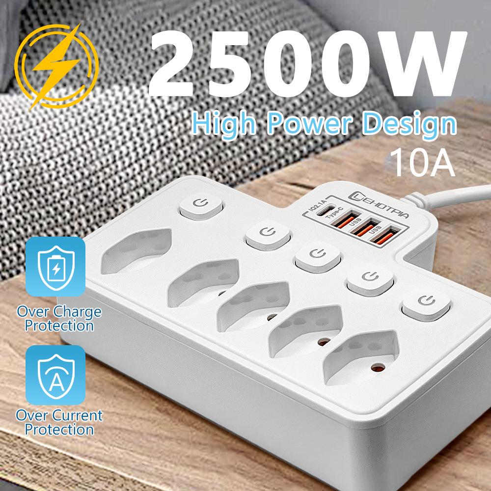 Brazilian Multi-hole Power Socket with USB, Long/Short Cord, Black/White
