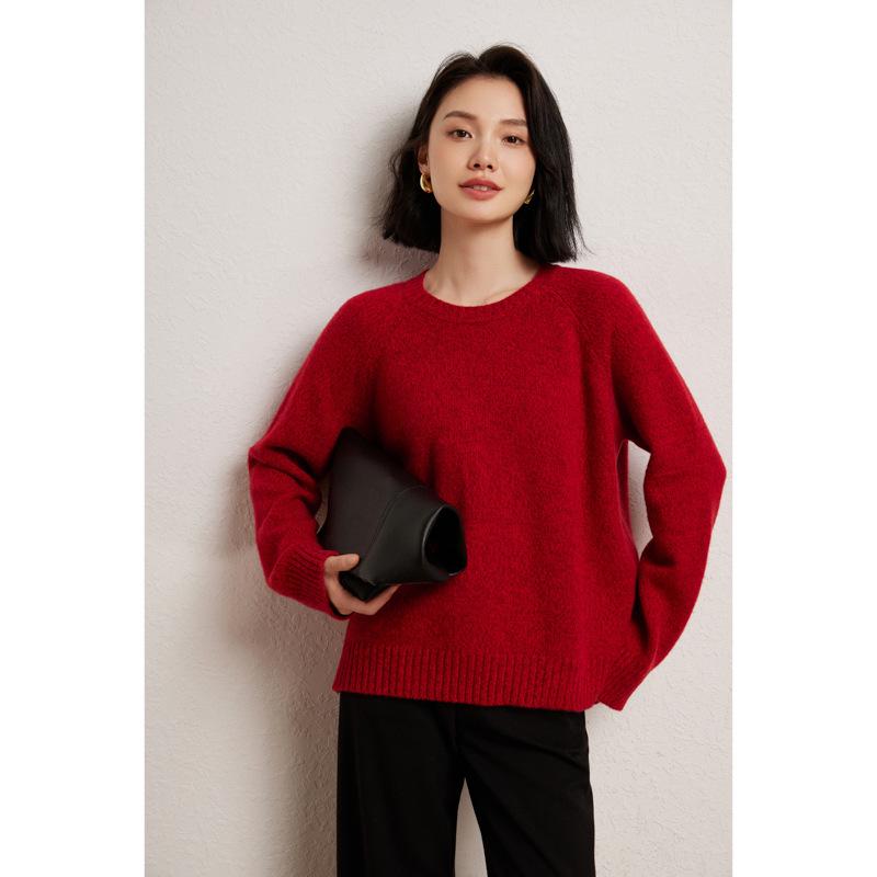 Women's Heavyweight Cashmere Sweater - Round Neck Marled Yarn Knit, Loose Long Sleeve