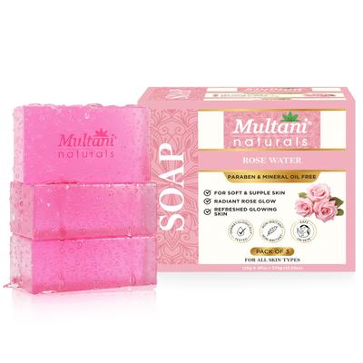 Мыло Multani Naturals с розовой водой для ванны (125 г - Упаковка из 3 шт.) Без парабенов | Клинически протестировано | Травяное мыло-брусок с розовой водой и глицерином |