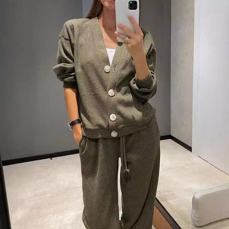 YYFS Женская мода повседневная весна осень однотонный принт длинный рукав V-образный вырез брюки брюки костюмы