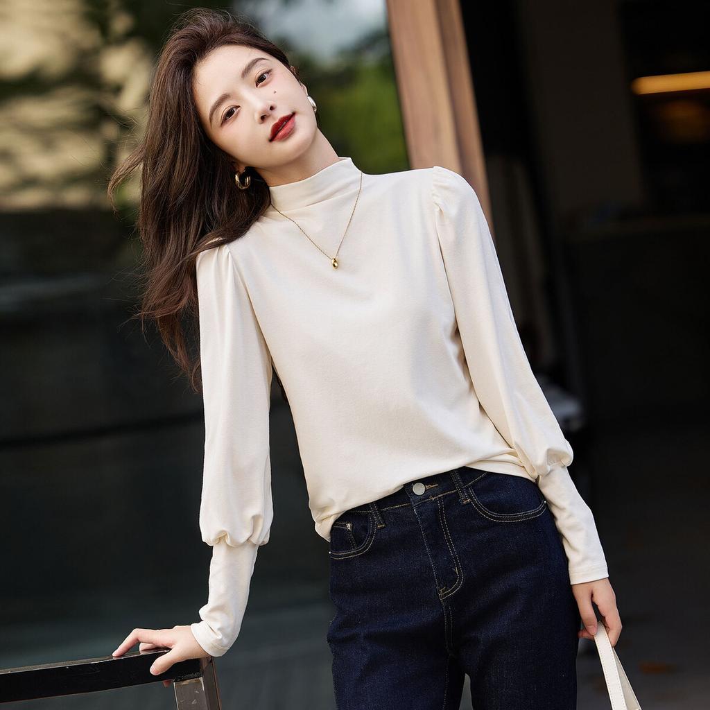 Тонкая бархатная рубашка с полувысоким воротом, базовая рубашка для осени и зимы, повседневная универсальная футболка с длинными рукавами, внутри