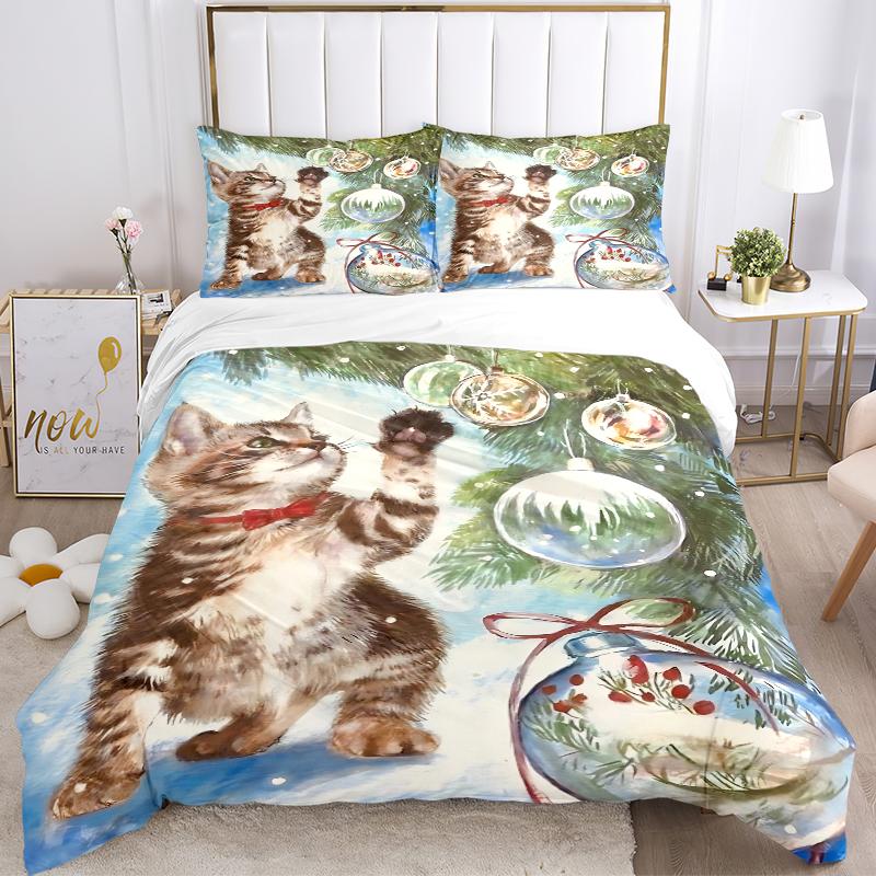 3Pcs Kitten Christmas Ornaments Bedding Sets For All Sizes New 3D Printed Bed Cover Comforter Duvet Cover Pillowcase Bedroom Decoration