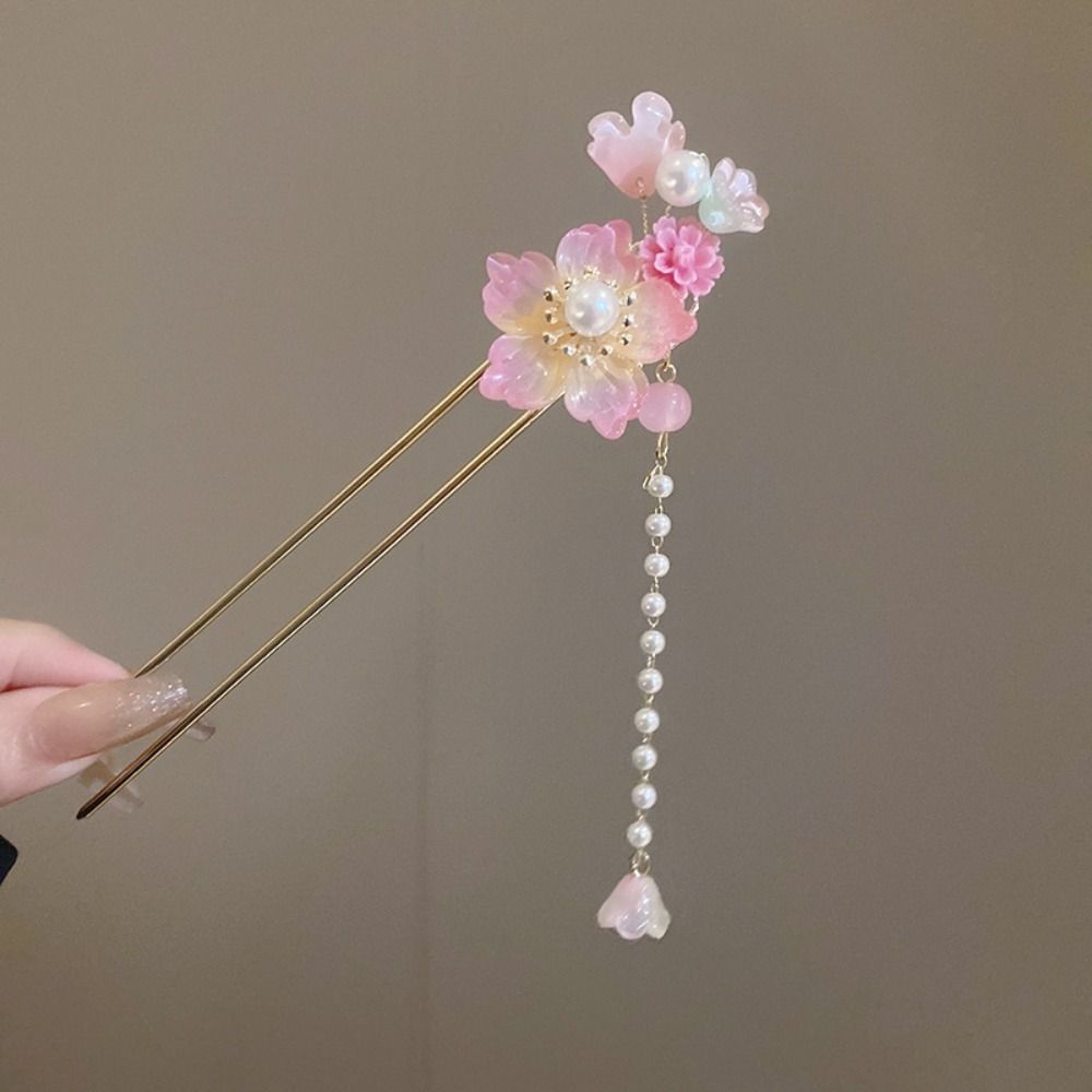 Exquisite Flowers Pearl Tassel Hairpin Fashion Flower Headdress Ancient Style Hair Stick  Hanfu