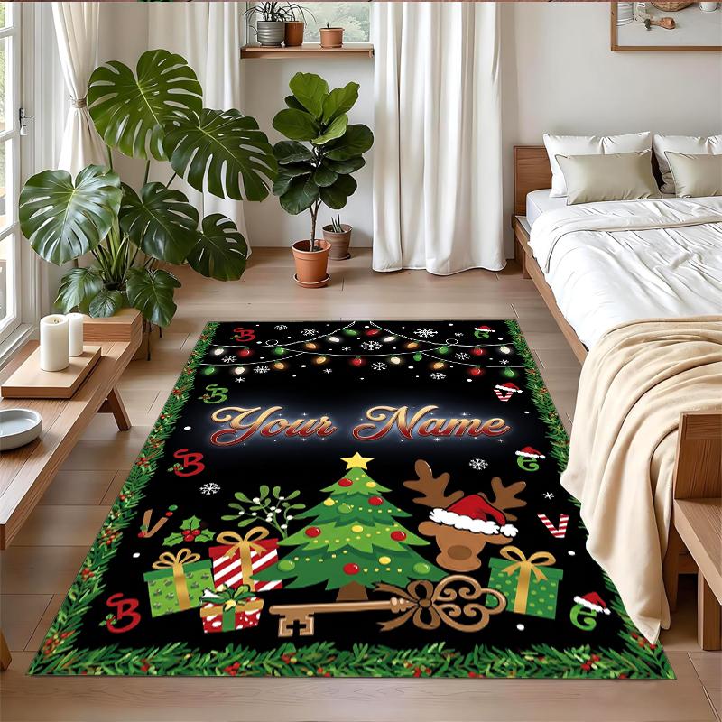 Christmas Custom Name Printed Square Area Rug Soft Non Slip Floor Carpet For Bedroom Holiday Gift