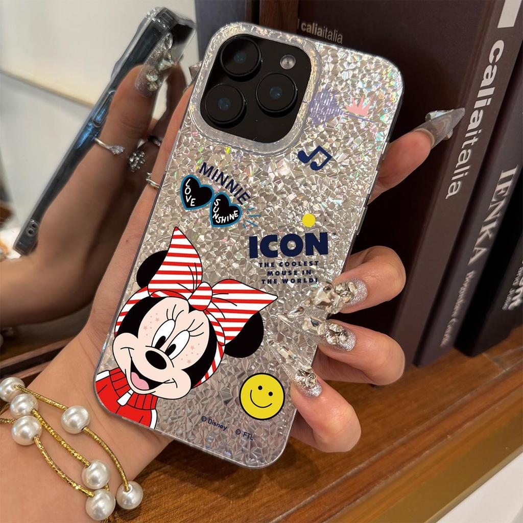 Чехол для iphone 16 Plus 12 14 15 13 Air XS Max 11 17 Pro 18 Pro Max XR Серебристый Блеск Трескающийся Фон Минни с Бантом