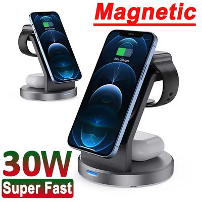 Сильная магнитная беспроводная зарядная подставка 30 Вт 3 в 1 для iPhone 14 13 12 Pro Max Apple Watch Airpods док-станция для быстрой зарядки