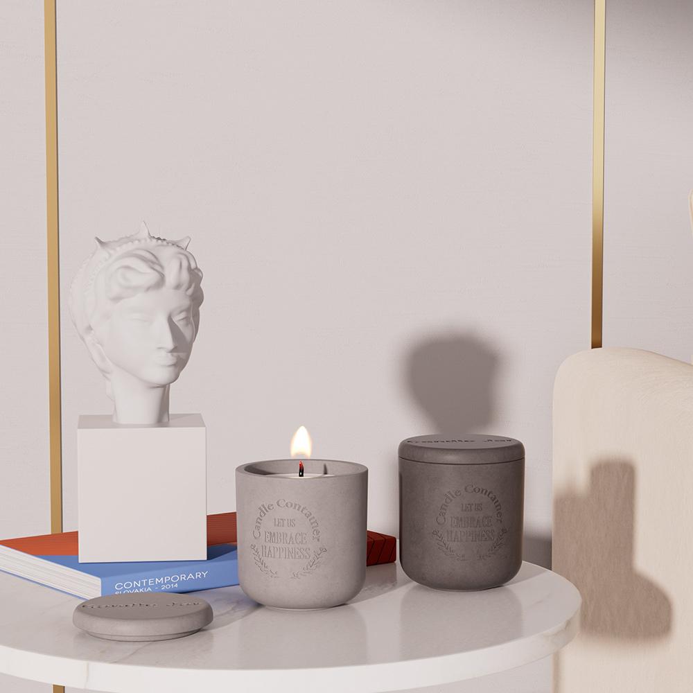 Modern Simple Design Concave Carving Eco-friendly Concrete Candle Jar Multifunctional Lid for Hotel Home for Living Room Bedroom