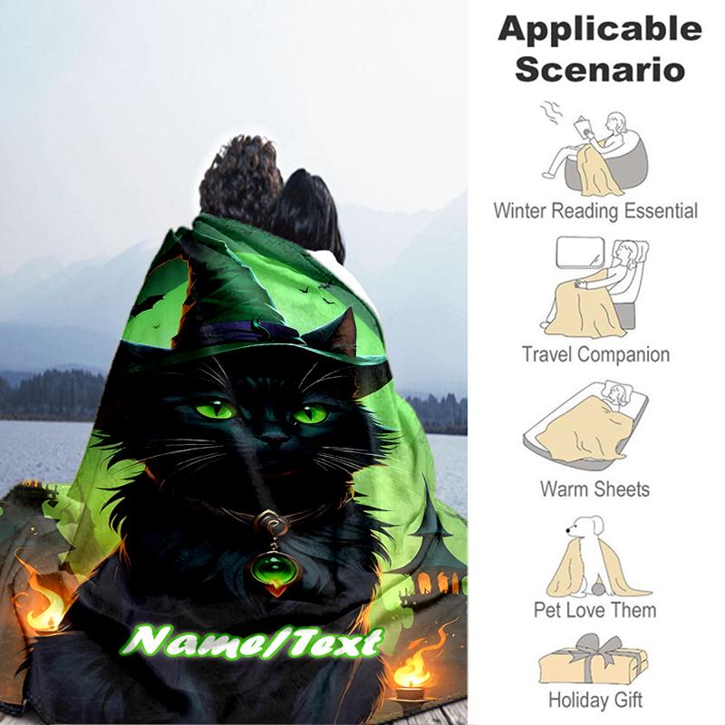 1PC Custom Name Witch Cat Halloween Night outdooor Flannel blankets Throw Blanket All-Season Throw Gift Bedspread for Couch, Bed, Camping Holiday Birt