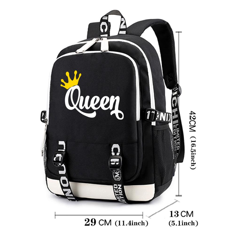 Рюкзак с принтом букв King Queen для женщин и девушек, модный дорожный рюкзак с регулируемыми плечевыми лямками, уличная школьная сумка для пары