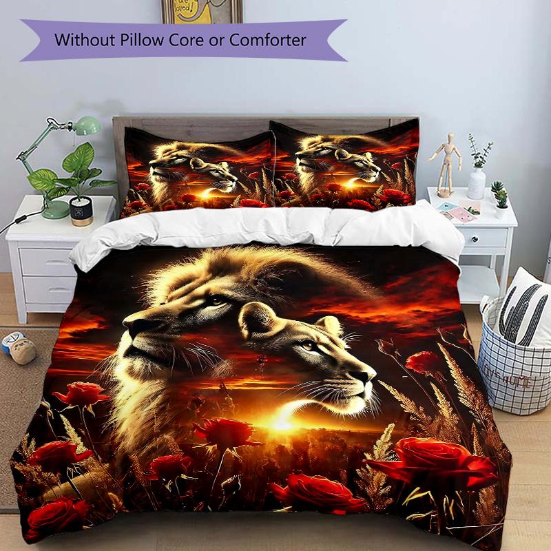 3pcs Lion's Majesty Amidst a Sea of Red Roses Bedding Set - Includes Quilt Cover and Pillowcases, Suitable for All Seasons,