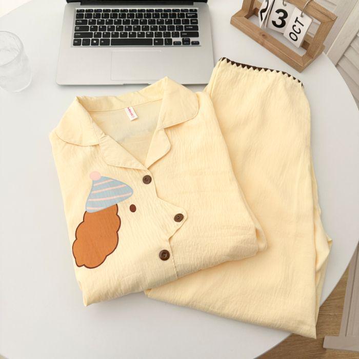 Женский пижамный комплект из облачного хлопка в желтую клетку с отделкой по краю в виде ракушек - С длинным рукавом, для дома на весну/осень, с ощущением высокого качества.